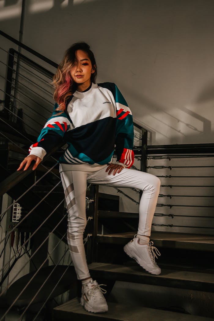 Fashionable woman posing confidently on a stylish indoor staircase, showcasing modern sportswear.